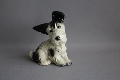 Dog figurine, terrier, black and white spotted, hand-painted ceramic from the 1960s