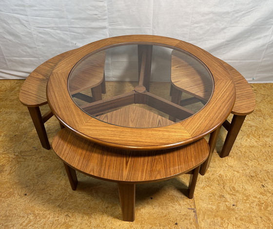 Image 1 of Mid-Century Retro Vintage Teak Round Coffee Table with 3 Nesting Side Tables by G Plan – 1960 Elegant Design | Functional Versa