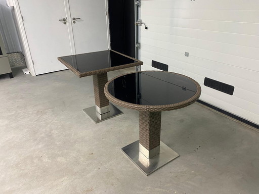 Gartentisch-Set aus Rattan – 1 x quadratisch 80x80 cm + 1 x rund – Aluminiumgestell