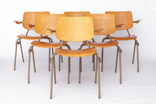 Set of 6 Kho Liang Ie Stackable Chairs – CAR Katwijk, 1950s Mid-Century Modern, Beech Plywood & Metal, Dutch Design Vintage Chai