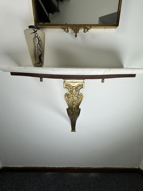 Image 1 of Chic Wall Console With Mirror - Marble & Brass Ornaments
