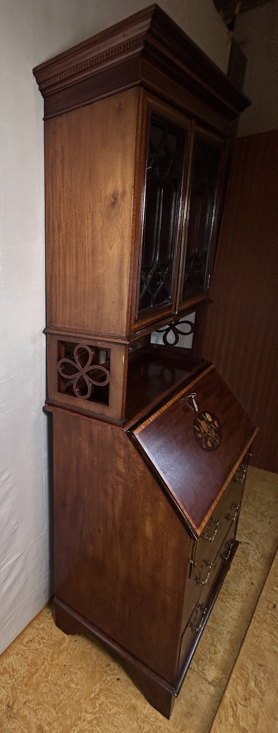 Image 1 of Antiek Edwardiaans Bureau met Ingelegd Bloemendetail - Begin 20e Eeuw Elegantie tijdloos raffinement met
