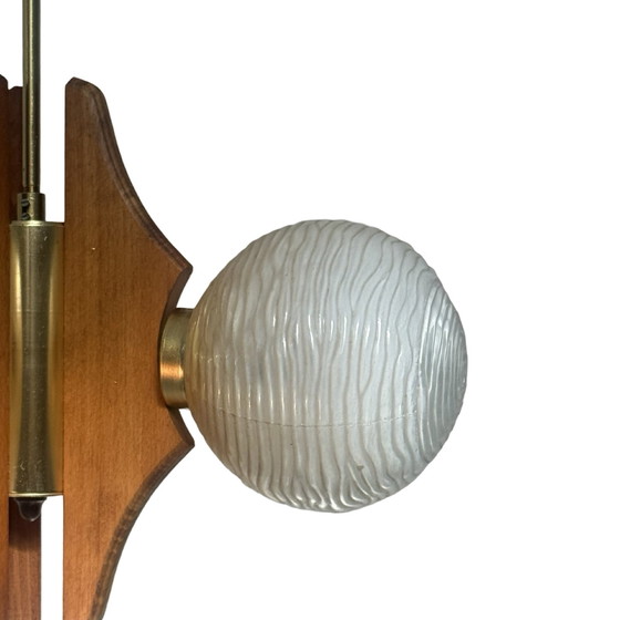 Image 1 of Hanging pendant - Model Sputnik - Wooden base, brass details and three glass domes - Mcm / Space Age Design