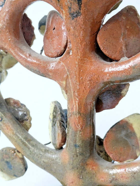 Image 1 of Vintage Mexican Tree of Life Ceramic Candleholder, 1970s Folk Art Candelabra with Birds & Flowers