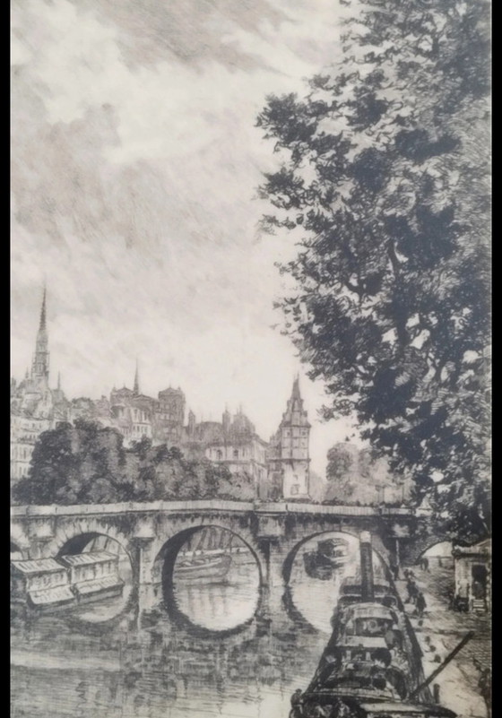 Originele ets van Aimé Edmond Dallemagne, getiteld Gezicht op de Seine – Litho's & Zeefdrukken, Paper (photo 10 of 10)