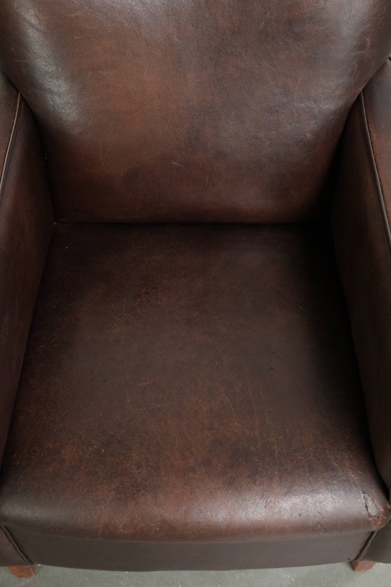 Fauteuil Subtil Foncé Vintage En Cuir De Mouton Avec Coussin Fixe Et Design Intemporel – Leather, Klassiek (photo 6 of 12)