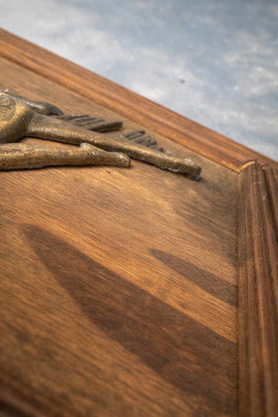 Image 1 of Vintage Art Deco plaquette – Beeld van een naakte vrouw in tin en hout