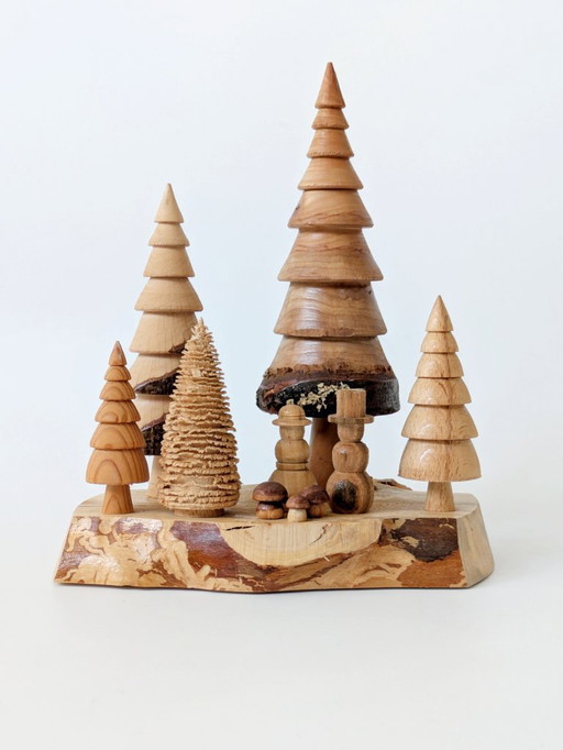 Scène hivernale vintage en bois faite main | Art populaire allemand des Monts Métallifères