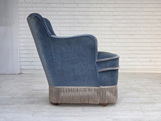 1970s, Danish armchair, furniture velour, beech wood., Velvet, Blue (photo 11 of 17)
