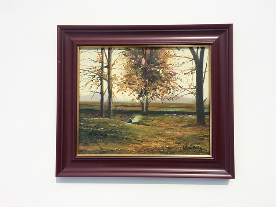 Image 1 of Olie: S. Vilata, Herfst landschap (51 x 59 cm) Vintage 70s