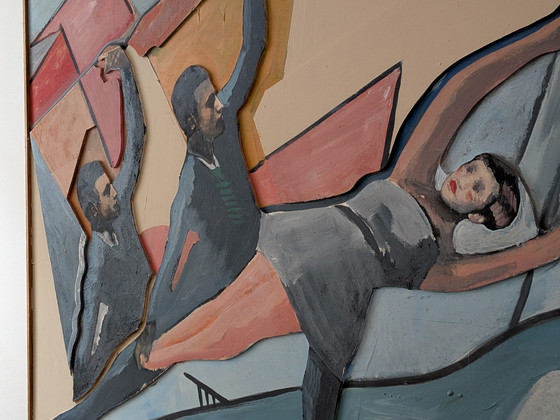 Image 1 of Grand relief vintage français moderniste en techniques mixtes – Figures dansantes abstraites – 142 × 102 cm