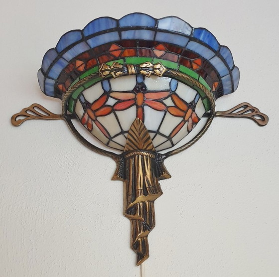 Image 1 of Unieke oude tiffany / glas in lood wandlamp met Dragonfly's