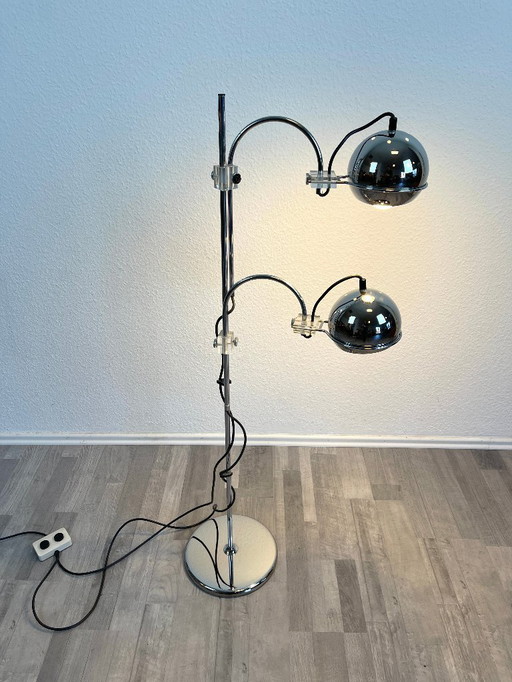 Space Age floor lamp, chrome, 2-light, globe spotlights