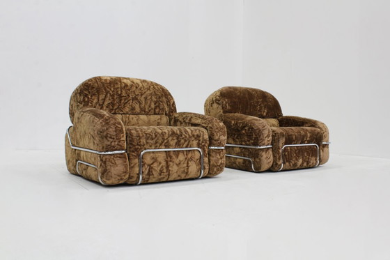 Image 1 of Set of vintage Italian armchairs in chrome and velvet from the 1970s