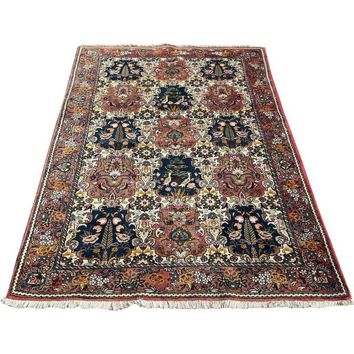 Tappeto orientale d'epoca in lana annodato a mano con decorazione a forma di uccello, 1970