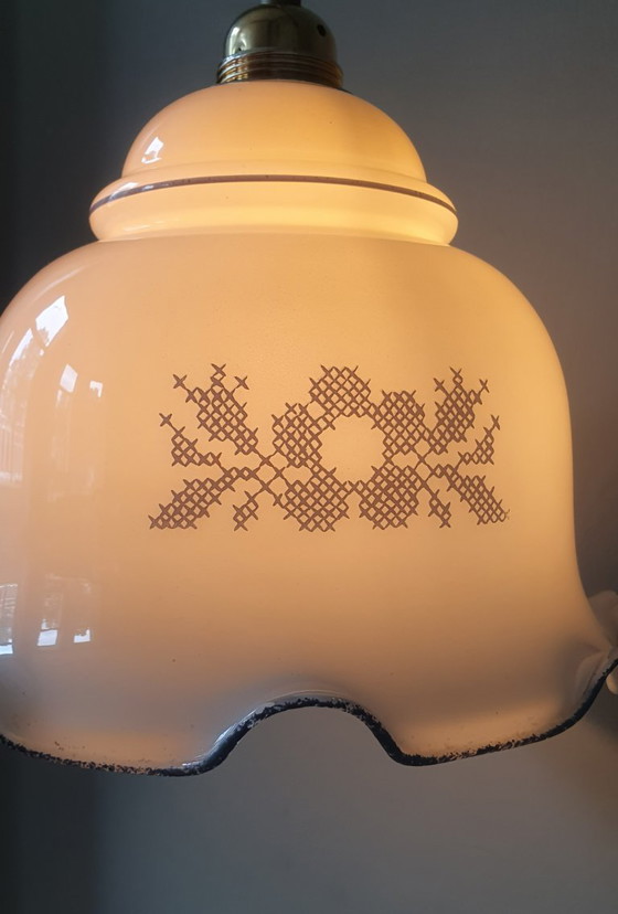 Vintage White Opal Glass Pendant Lamp - Flower-like shape – Metal (photo 15 of 17)