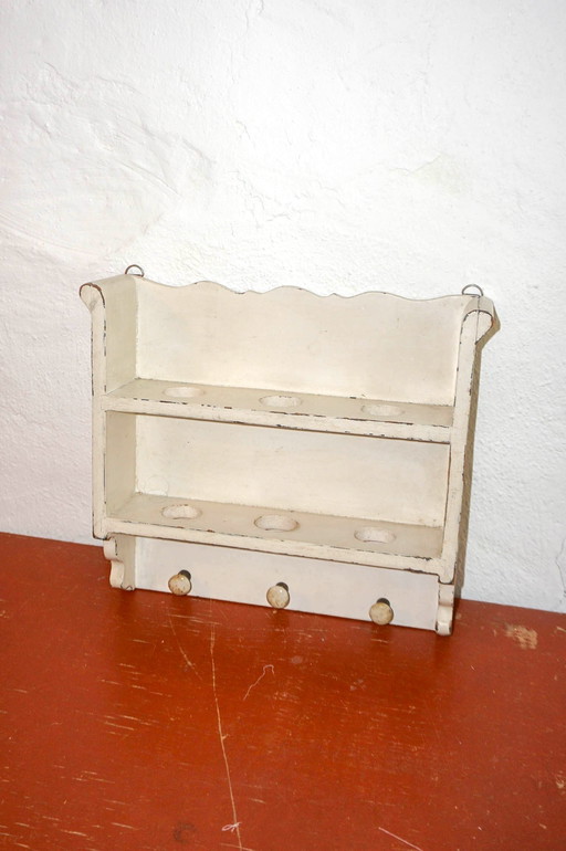vintage french egg shelf * cream brocante wall rack * rustic wooden spice shelf with pegs * shabby kitchen decor * farmhouse egg