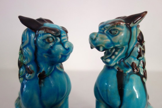 Image 1 of Pair of Japanese Komainu dogs in green and turquoise glaze ceramic, vintage