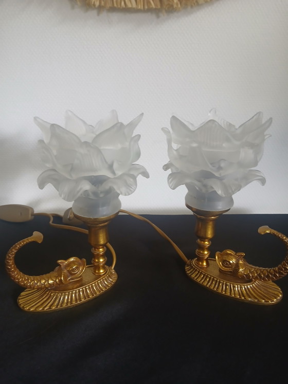 Image 1 of Pair of tulip-shaped dolphin lamps.