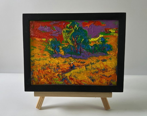 Original Oil Painting Summer Evening Landscape Crimson Sunset – schilderijen tekeningen, Canvas