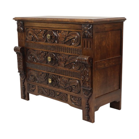 Vintage Oak Sculpted Chest of drawers Mythical Figures – Wood (photo 12 of 25)
