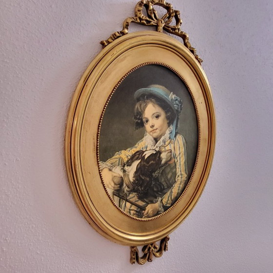 Image 1 of Large oval gold frame with bow, portrait, vintage