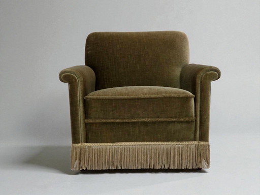 1970s, Danish armchair, original green furniture velour, teak wood legs.