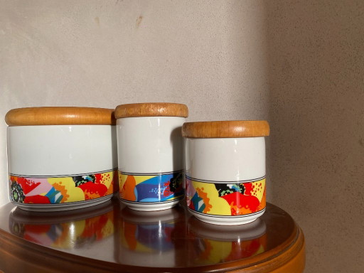 Vintage 1980's Ancap Sona Verona Porcelain Kitchen Canisters – Set of 3 – Italian Pop Design – keukenaccessoires, Wood