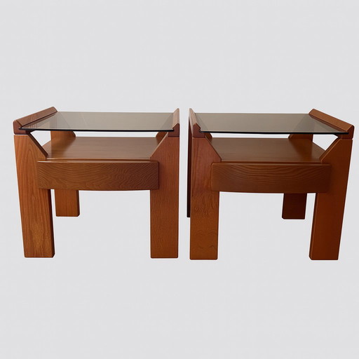 Vintage 70s/80s bedside tables – solid ash wood & removable smoked glass top
