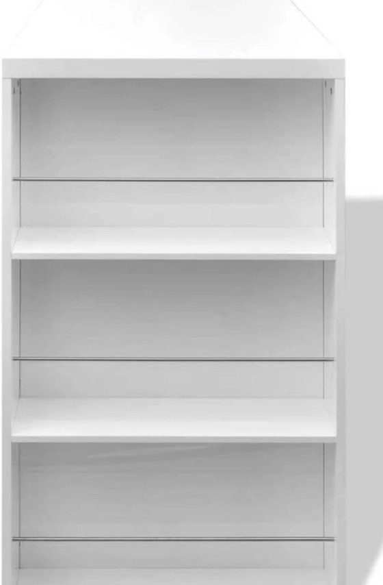 Image 1 of White high-gloss bar table kitchen wine rack or glass rack and with two taupe bar stools