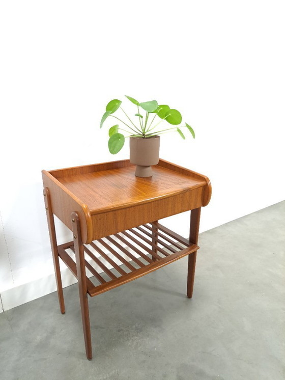 Image 1 of Teak veneer bedside table set with drawer from Sweden