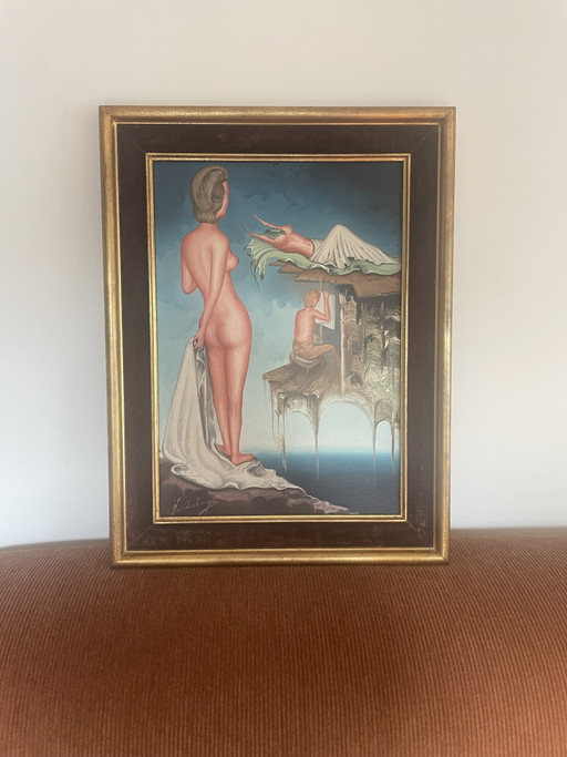 Originales surrealistisches Gemälde – André Vanderhaeghe (Magischer Surrealismus, 35x50 cm)