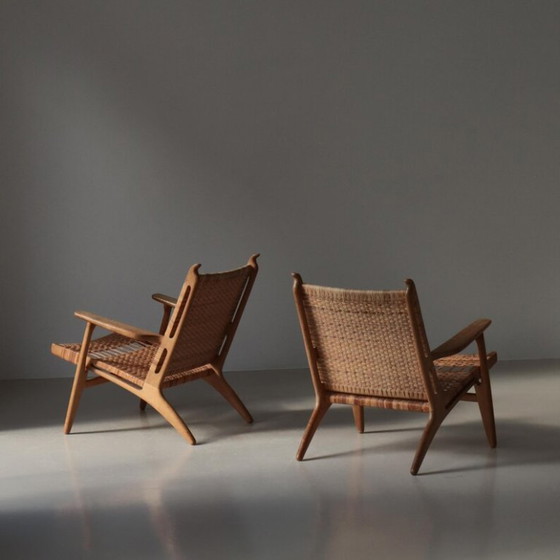 Image 1 of Zeldzaam Paar 1950 Deense Lounge Stoelen, Eiken & Rotan Rieten Weefsel, Mid Century Modern Inzamelbaar Zitmeubilair