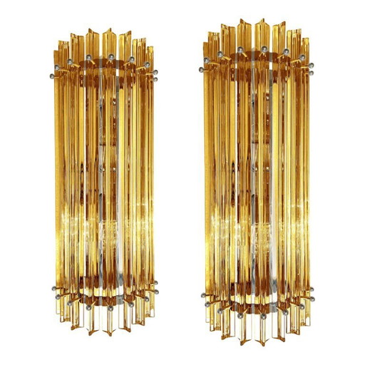 Modernes Paar bernsteinfarbener „Triedro“ Wandleuchten aus Muranoglas von Venini Design