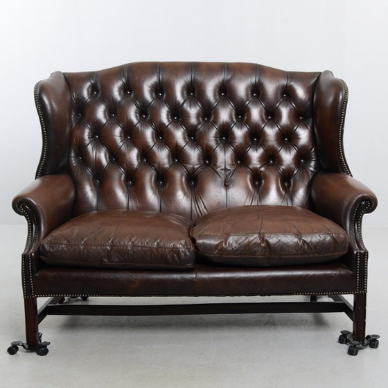 Image 1 of Late 20th Century English-Style Leather Sofa — Pearl Nail Trim & Loose Seat Cushions 