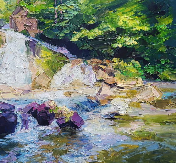 Image 1 of Original Oil Painting Natural Landscape Mountains Waterfall in Nature