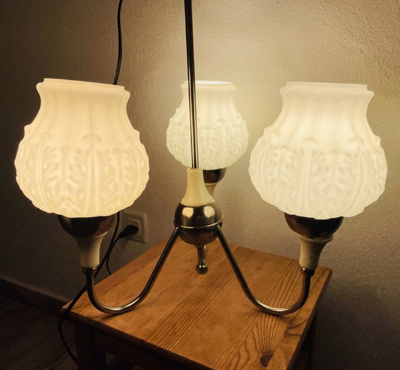Image 1 of Lustre à 3 lumières d'Europe de l'Est, moderne du milieu du siècle, avec abat-jour en verre opalin, années 1960