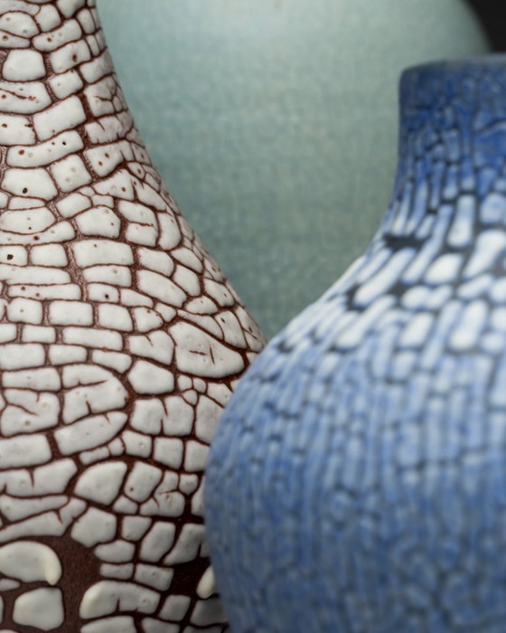 Image 1 of ALBERT KIESSLING "SNAKESKIN" Vase TRIO East German Pottery REDUKTIONSGLASUR GDR