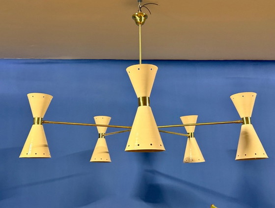 Stilnovo Diablo Chandelier, 1950s, Metal, Brass, Creme, Mid Century Modern (photo 3 of 6)