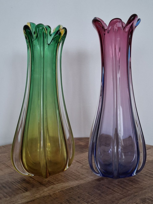 Set of 2 Bohemian Chřibská glass vases – Josef Hospodka (1950s/1960s)