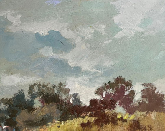 Image 1 of Original Oil Painting Gray Day Landscape Summer flower meadows