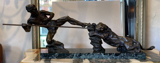 Sculpture en bronze « Homme à la panthère » – P. Berjean (style Art déco)