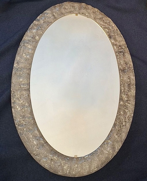 Erco Large Melted Ice Acrylic Glass Illuminated Oval Wall Mirror, 1970s