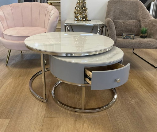 Juego de mesa de centro nido NOVELA - Mármol blanco, cerámica y cromo - 80 cm + 60 cm