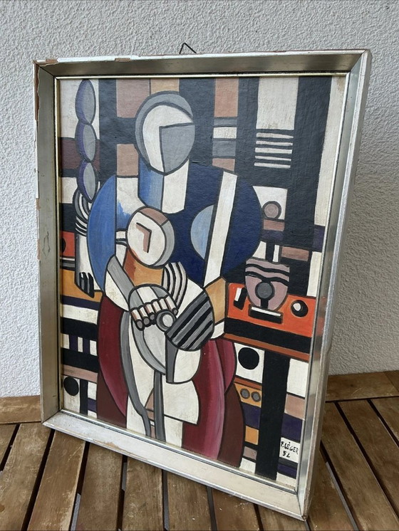 Image 1 of Pintura al óleo modernista de mediados de siglo firmada por F. LÉGER (1952) – Madre e hijo, estilo cubista