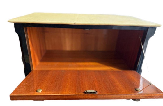 Image 1 of Italian bedside table pair, marble Makassar ebony veneer