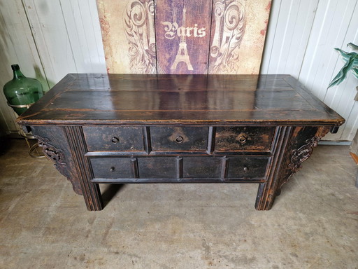 Antique Oriental altar, wall console side table, coffee table with 3 drawers dim. 70x164cm and 70cm high.