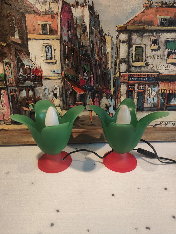 Image 1 of 2 lampes de table tulipe Vandeheg en verre vert/orange