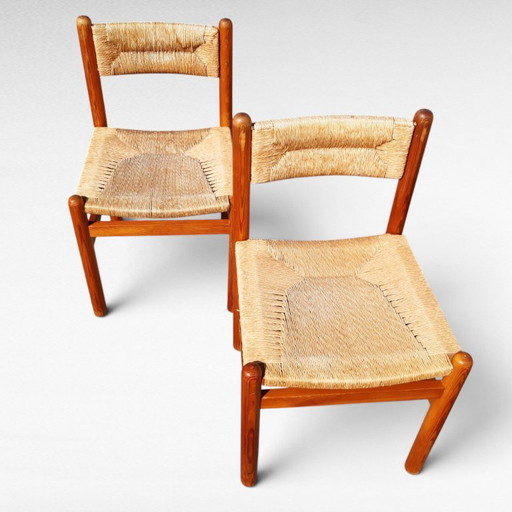 Paar Vintage Design Grenen En Biezen Stoelen, Jaren 70 – eetkamerstoelen, Wicker (photo 2 of 18)