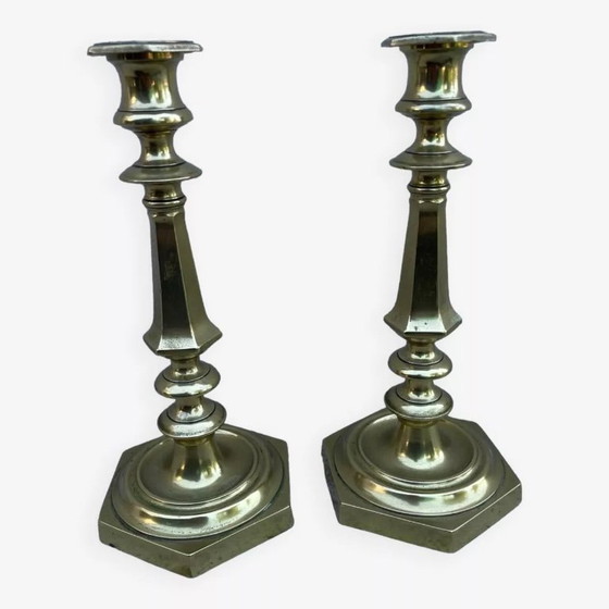 Image 1 of Een paar antieke massief messing kandelaars/kaarsen